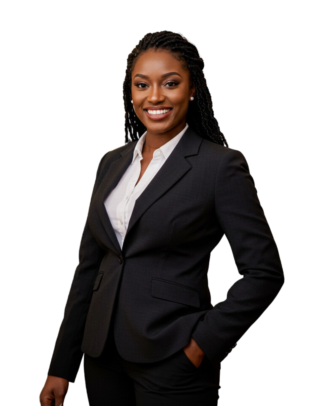 Black business woman, smiling, wedding hall background