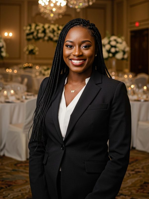 Black business woman, smiling, wedding hall background